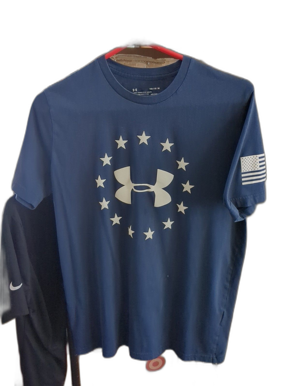 Under Armour HeatGear Shirt Men’s Medium Blue Top Stars Circle Logo USA Flag